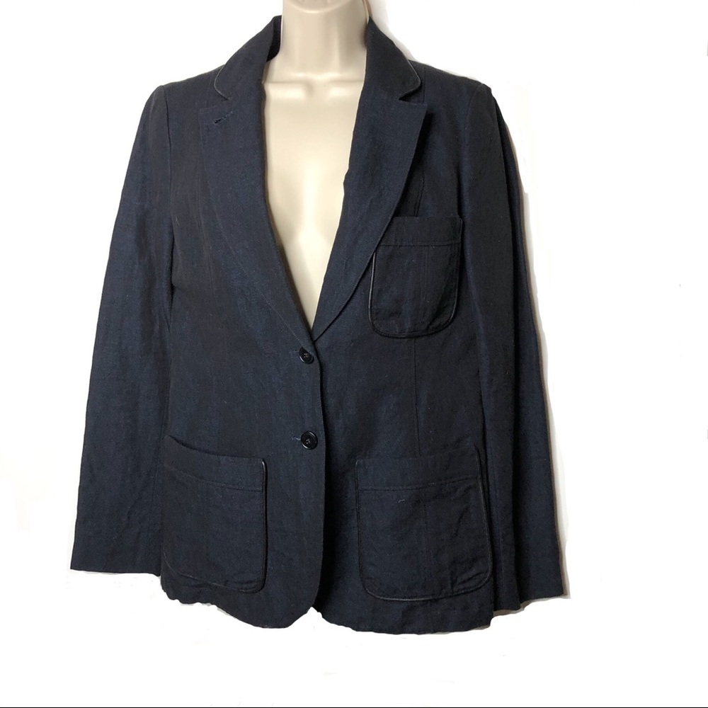 Crippen Navy cotton linen blazer leather trim M A3